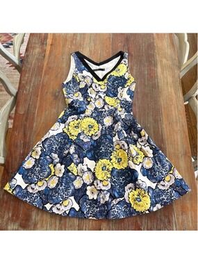 Karen Millen Floral Cotton Sateen Skater Dress Blue Yellow V-Neck Size 6